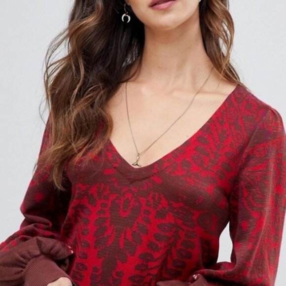 Free People Music and Lyrics Long Sleeve Printed Sweater Dress in Red Size XS - Picture 4 of 16